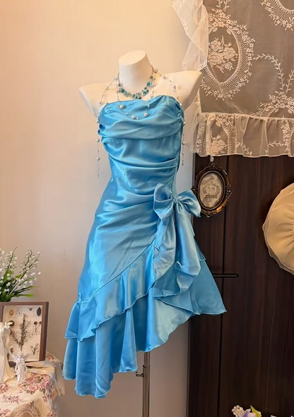Fashion Blue Strapless Satin Pleated Ruffle Layered Short Homecoming Dress Cocktail Dress D4223
