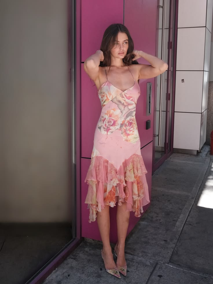 Classy Spaghetti Straps Satin Chiffon Print Floral Long Wedding Guest Dress Pink Long Party Dress D4358
