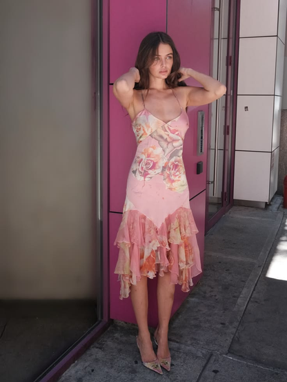 Classy Spaghetti Straps Satin Chiffon Print Floral Long Wedding Guest Dress Pink Long Party Dress D4358