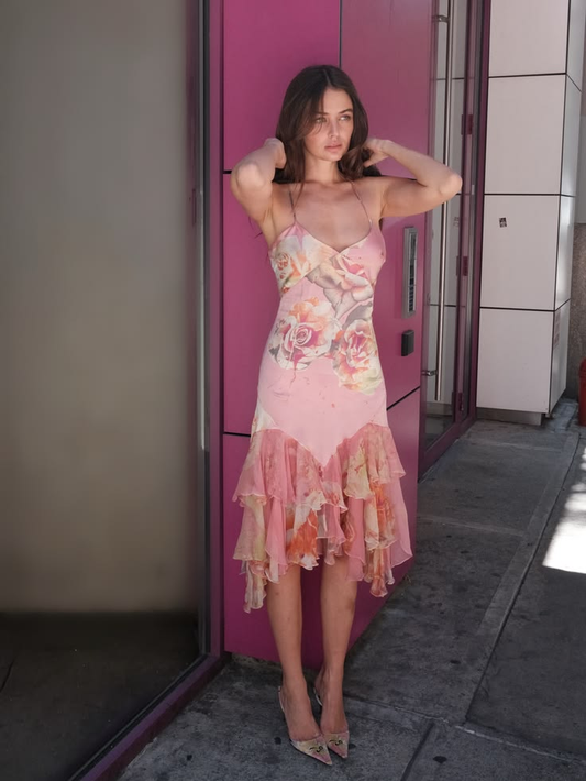 Classy Spaghetti Straps Satin Chiffon Print Floral Long Wedding Guest Dress Pink Long Party Dress D4358