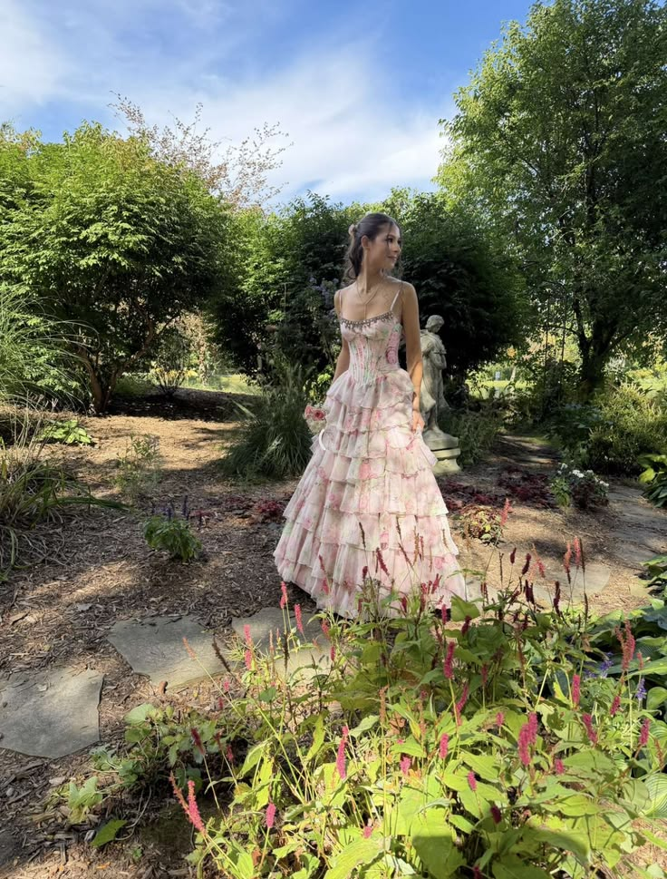 Charming Chiffon Print Floral Ruffles Layered Long Party Dress Pink Slit Long Evening Gowns With Beads D5040