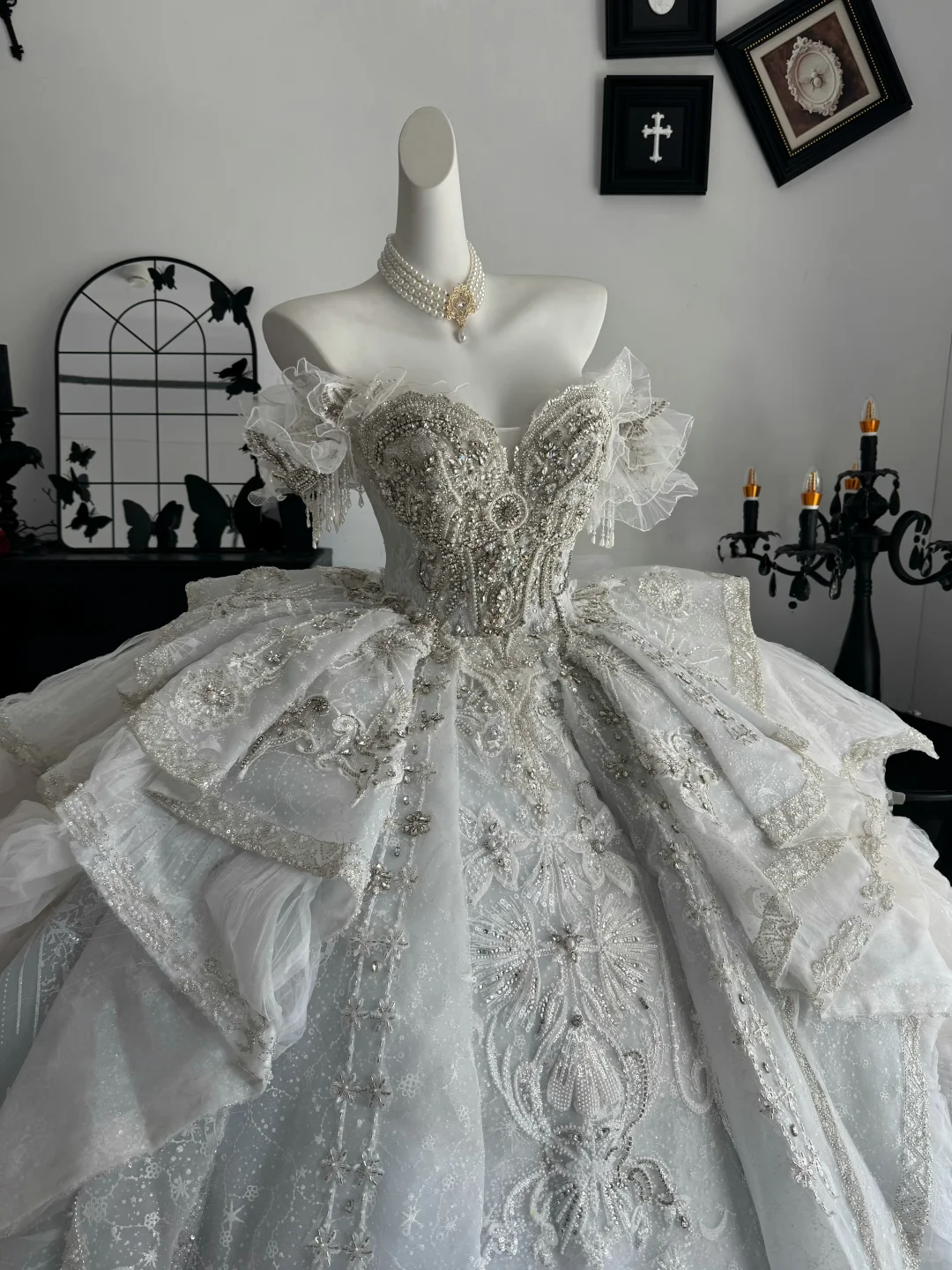 Gorgeous White Tulle Lace Beaded Long Wedding Dress,Off The Shoulder Bridal Dress D3698