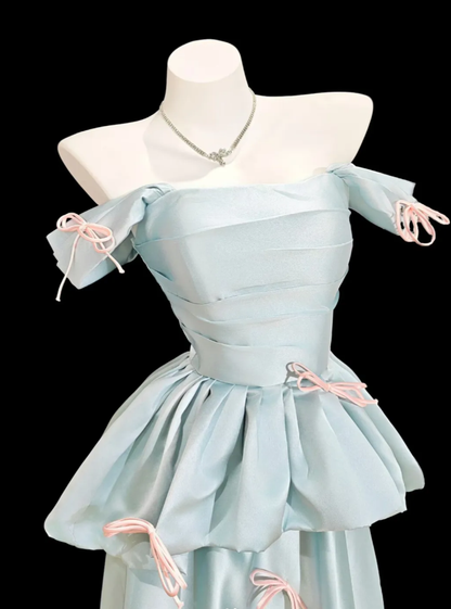 Pretty Blue Off The Shoulder Satin Long Birthday Party Dress Prom Gown With Bow D2337