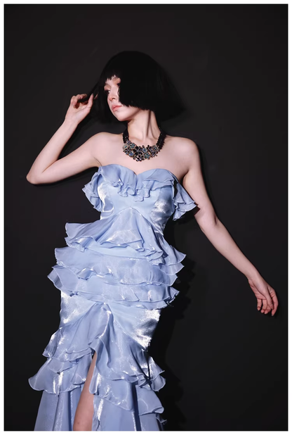 Glamorous Strapless Blue Satin Ruffles Layered mermaid Slit Evening Dress Long Party Dress D2431