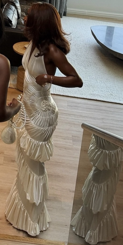 Elegant Halter Ivory Satin Pleated Ruffled Mermaid Long Evening Dress Prom Gown D4816