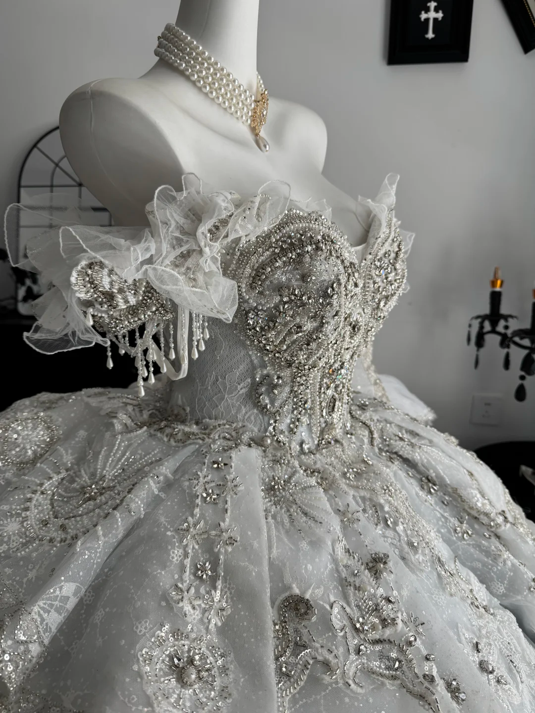 Gorgeous White Tulle Lace Beaded Long Wedding Dress,Off The Shoulder Bridal Dress D3698