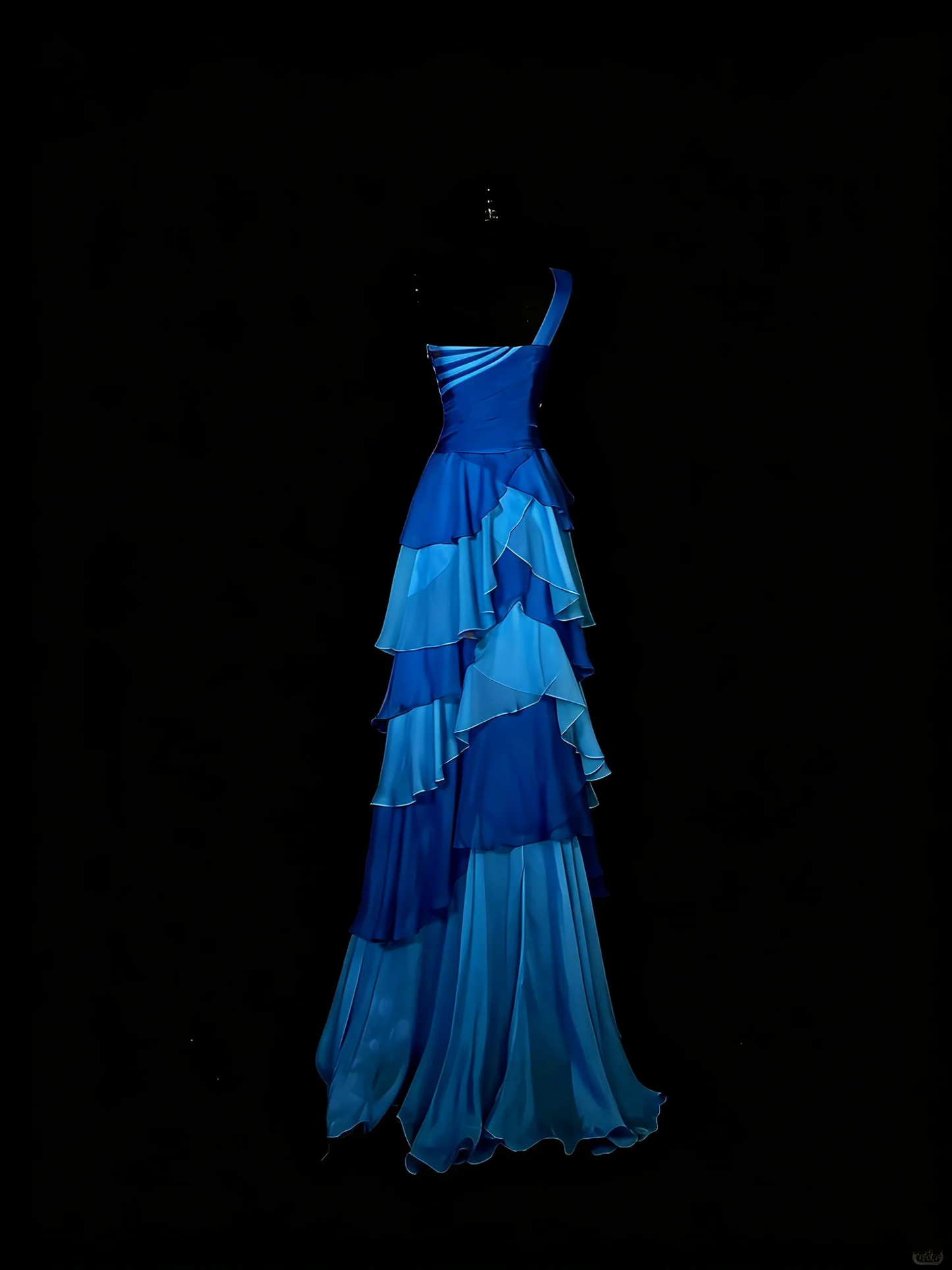 Vintage One Shoulder Chiffon Blue 1950s With Layers Long Prom Dresses Party Dress D4272