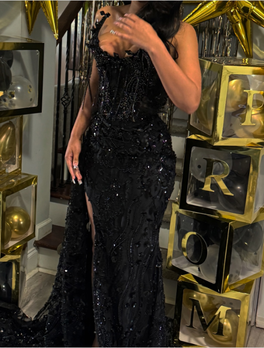 Gorgeous Black Lace Beaded Mermaid Slit Evening Dress Prom Gown S202