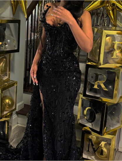 Gorgeous Black Lace Beaded Mermaid Slit Evening Dress Prom Gown S202