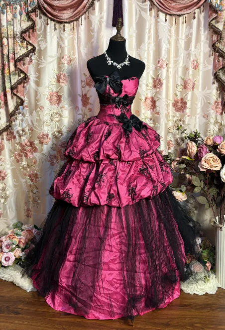 Vintage Sweetheart Neck Hot Pink Tulle Satin Layered Ball Gown Formal Quinceanera Dress With Bow D1045