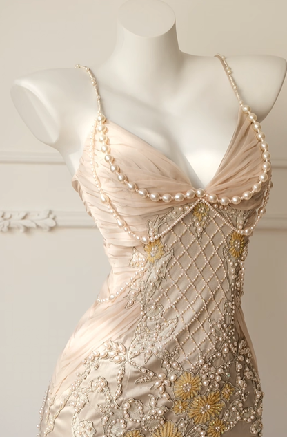 Pretty Spaghetti Straps Satin Lace Sheath Midi Party Dress Pink Birthday Prom Dress With Pearls D2716