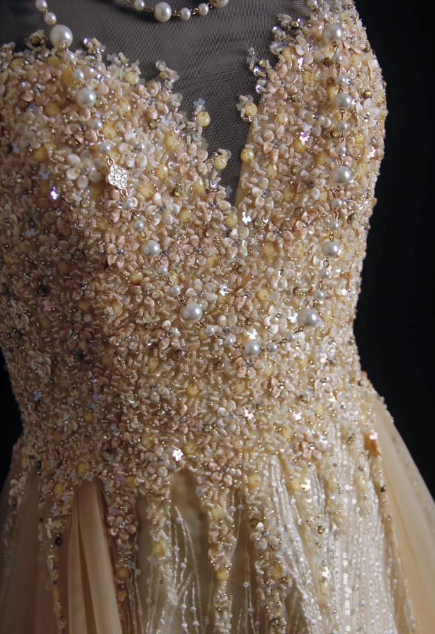 Luxurious Champagne Sleeveless Tulle Beaded Mermaid Long Birthday Party Dress Evening Gown D2213