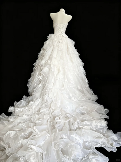 Pretty White Tulle Ruffles Appliques Long Wedding Dress D5282