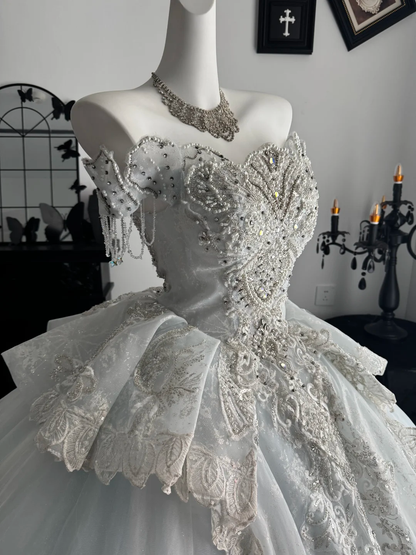Glamorous Ice Blue Off The Shoulder Tulle Beaded Wedding Dress Formal Bridal Dress D3716
