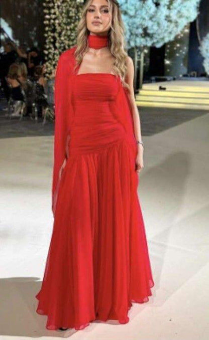 Beautiful Red Strapless Chiffon Long Evening Dress Formal Long Wedding Guest Dress D4580