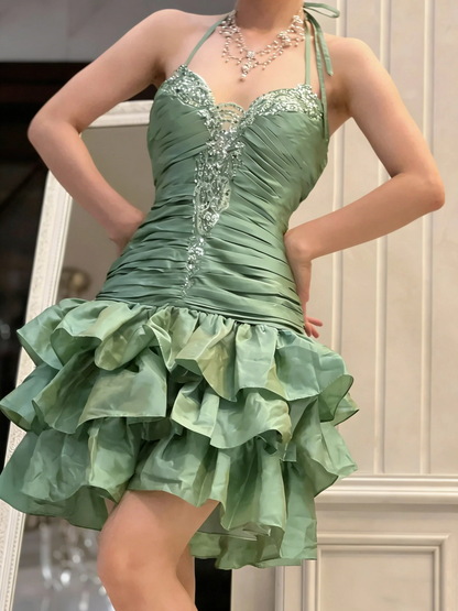 Vintage Halter Green Ruffle Layered Short Birthday Dress Homecoming Dresses D4260