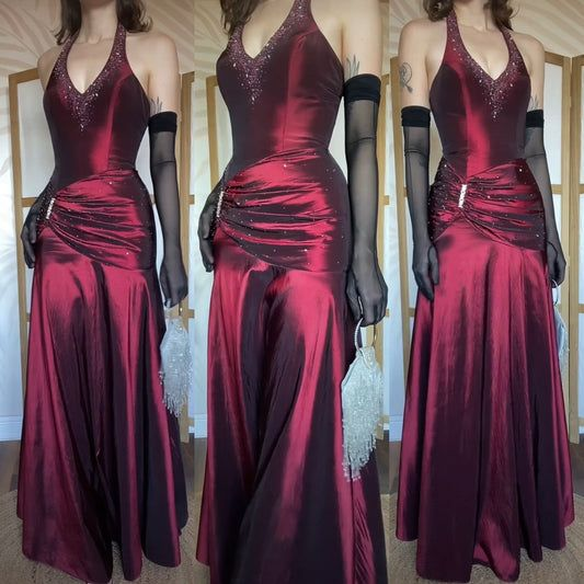 Pretty Burgundy Halter V Neck Beaded Satin Mermaid Long Evening Dress Birthday Party Dress Prom Gown D1908