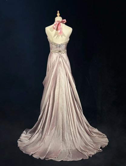 Glamorous Pink Halter Satin Lace Beaded Mermaid Evening Dress Long Birthday Prom Dress Party Gown D2069