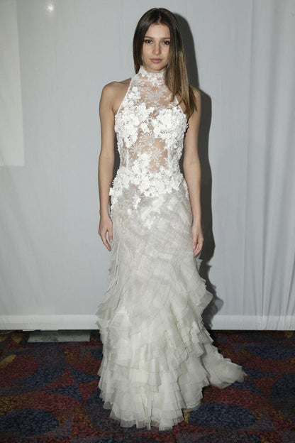 Classy Halter White Tulle Layered Lace Appliques Mermaid Long Wedding Dress D3903