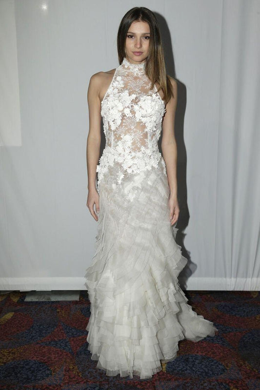 Classy Halter White Tulle Layered Lace Appliques Mermaid Long Wedding Dress D3903