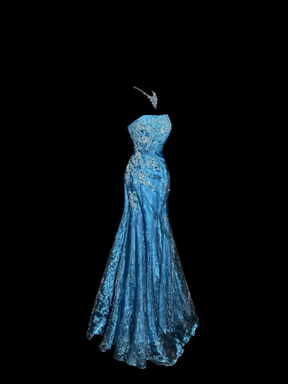 Charming Strapless Blue Tulle Sequin Beaded Mermaid Evening Dress Long Birthday Party Dress D1209