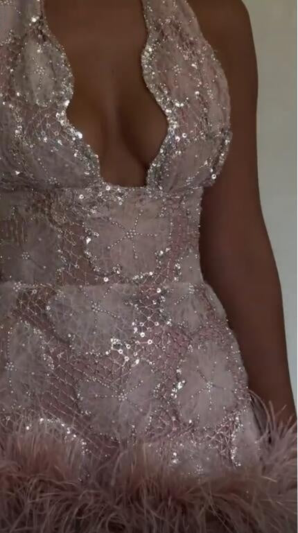 Elegant V Neck Satin Sequin Feathers Short Party Dress Pink Sheath Short Homecoming Dress D4454