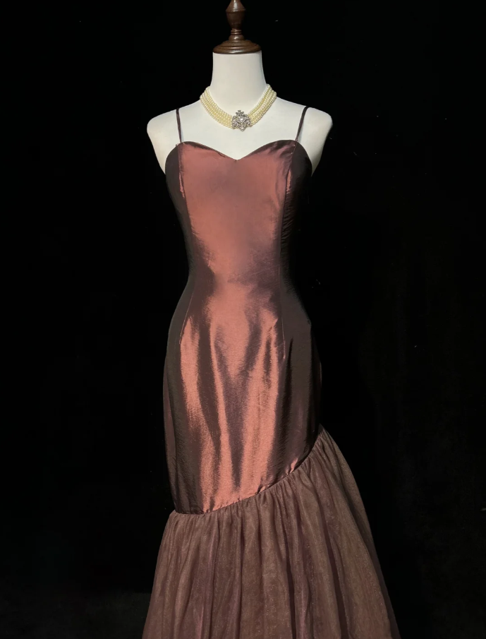 Vintage Spaghetti Straps Dark Burgundy Satin Tulle Mermaid Long Evenng Dress Party Gown Formal Wedding Guest Dress D2074