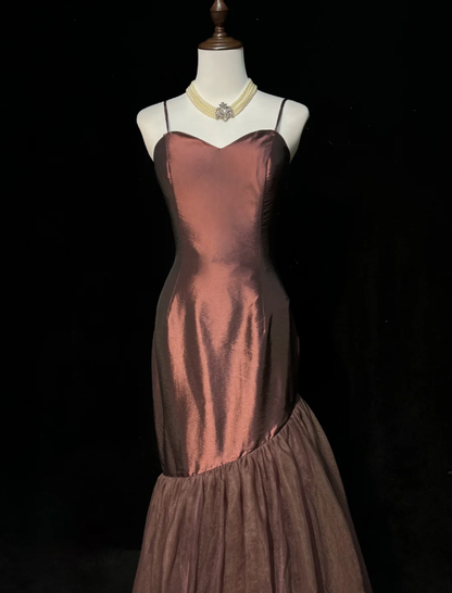 Vintage Spaghetti Straps Dark Burgundy Satin Tulle Mermaid Long Evenng Dress Party Gown Formal Wedding Guest Dress D2074