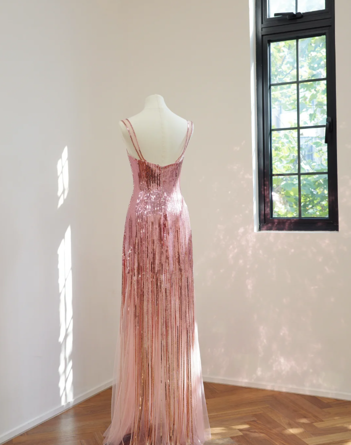 Sparkly Spaghetti Straps Pink Sequin Long Birthday Party Dress Evening Gown D2145