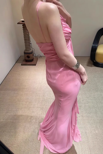 Retro Sheath Spaghetti Straps Pink Chiffon Long Party Dress Prom Dresses SD1400