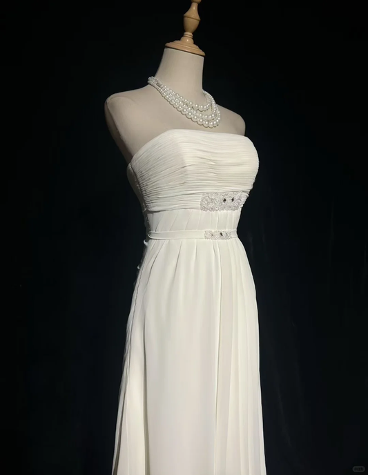 Classy White Strapless Chiffon Beaded Mermaid Long Party Dress Birthday Evening Gown D3121