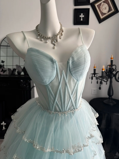 Cute Spaghetti Straps Blue Tulle Sequin Layered Short Graduation Homecoming Dress,Mini Birthday Dress D3719