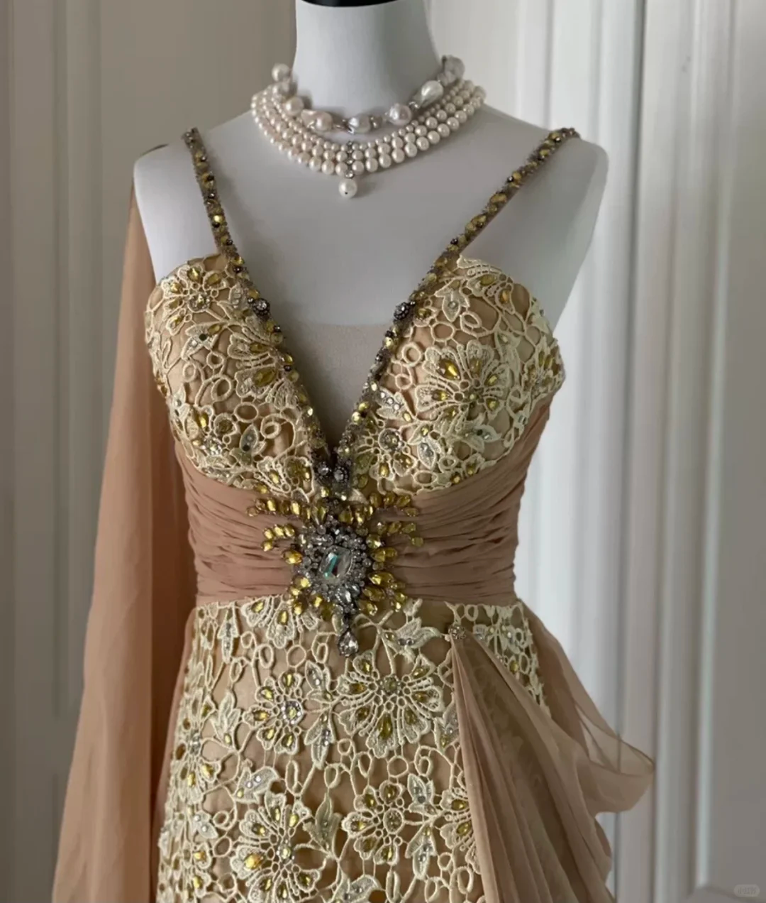 Vintage Spaghetti Straps Lace Chiffon Beaded Mermaid Evening Dress Long Prom Gown D3100