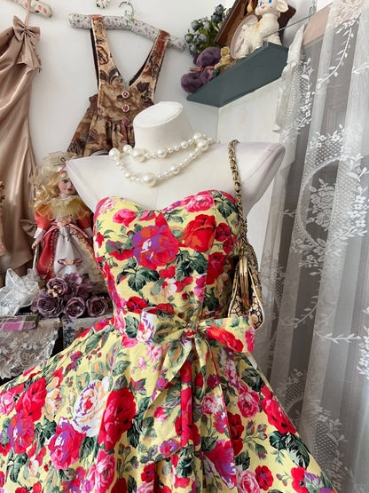 Vintage Strapless Satin Floral A Line Short 6th Grade Homecoming Dress,Mini Prom Dress D3204