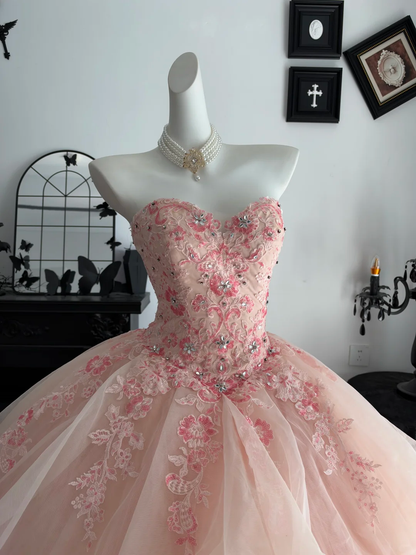 Elegant Sweetheart Neck Ball Gown Pink Tulle Lace Appliques Beaded Quinceanera Dress Sweet 15 Dress D4705
