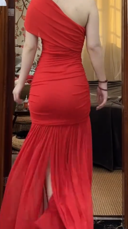 Elegant One Shoulder Red Chiffon Pleated Mermaid Prom Dress Long evening Gown  D1237