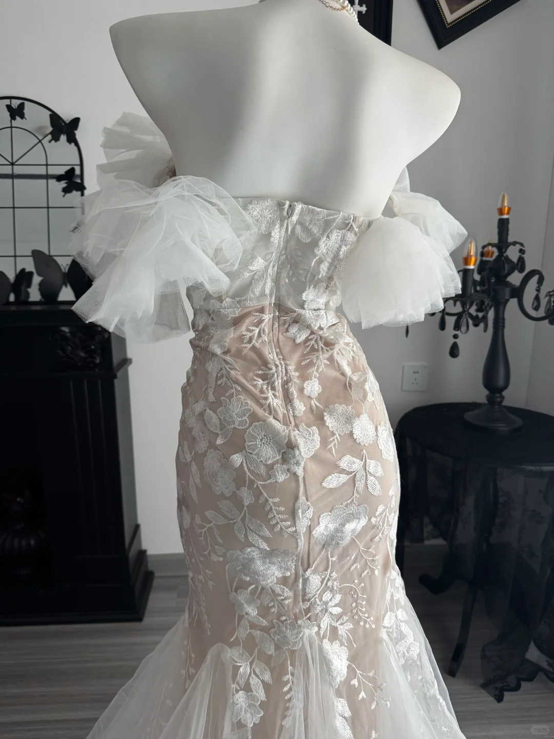 Classy Champagne Off The Shoulder Tulle Floral Mermaid Long Party Dress Evening Gown D3717