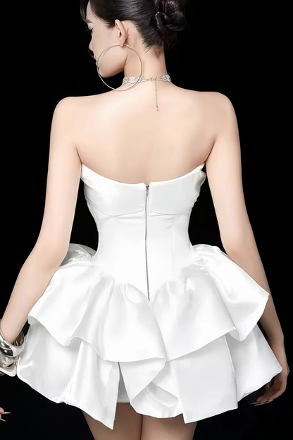 Stylish Strapless White Satin Pleated A Line Short Party Dress Short Graduation Homecoming Dress D790