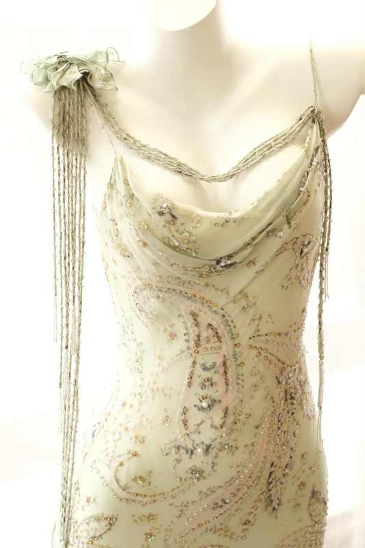 Elegant Spaghetti Straps Chiffon Beaded Ruffle Mermaid Evening Dress Mint Green Long Prom Dresses D2713