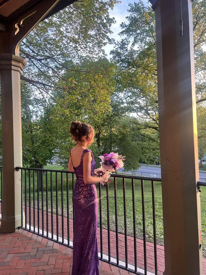 Elegant Square Neck Sequin Long Party Dress Purple Slit Mermaid Evening Dress D5298