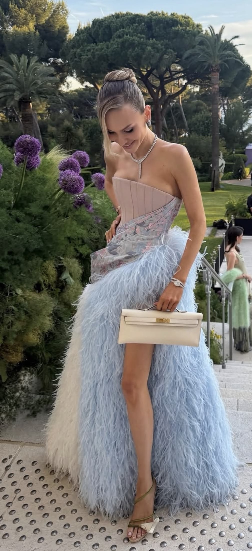 Charming Strapless Light Blue Satin Feathers Slit Long Prom Dress Birthday Party Gown D4813