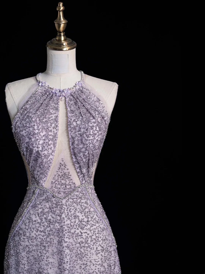 Shiny Halter Sleeveless Tulle Sequin Beaded Mermaid Evening Dress Lilac Long Party Dress D4855