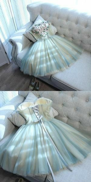 Charming Green Strapless Tulle Appliques A Line Short 7th Grade Homecoming Dress,Mini Birthday Outfits D3997
