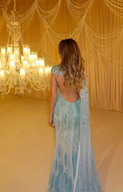 Pretty Ombre Blue Chiffon Sequin Beaded Mermaid Long Party DressBackless Evening Gown D1735
