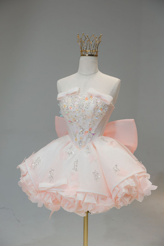 Sweet Pink Strapless Organza Sequin Beaded A Line Short 18th Birthday Outfits Formal Homecoming Dress D426