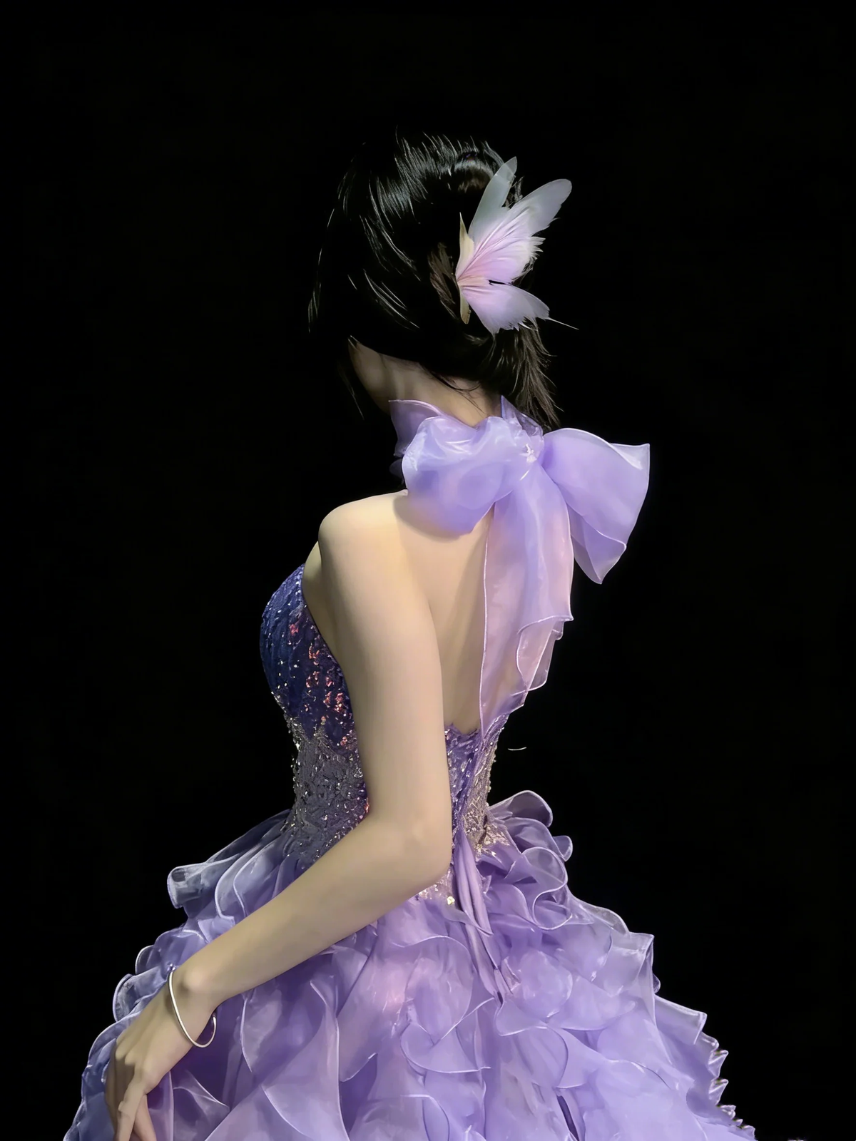 Princess Sweetheart Neck Lilac Sequin Beaded Tulle Ruffle Tiered High Low Long Evening Dress Birthday Party Gown D4881