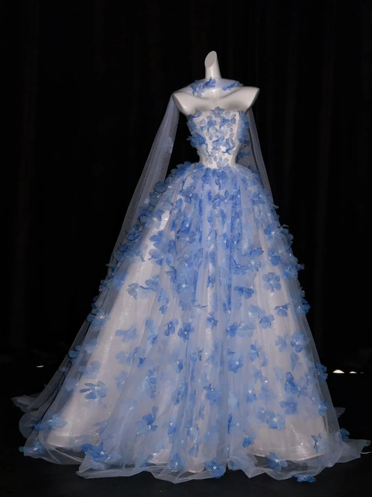 Elegant Ball Gown Strapless Blue Applique Long Party Dress Birthday Prom Gowns D4265