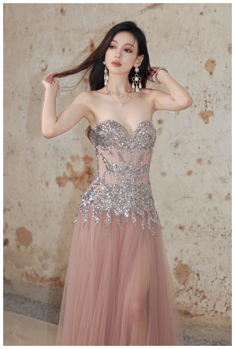 Pretty Pink Sweetheart Neck Tulle Sequin A Line Slit Long Evening Dress Party Gown D2408