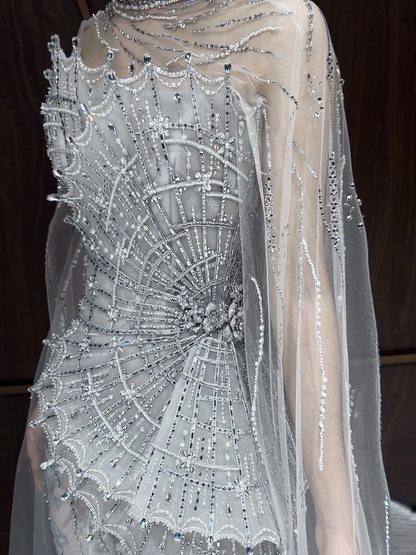 Shiny Silver Grey Appliques Beaded Mermaid Long Party Dress Prom Gown D5089