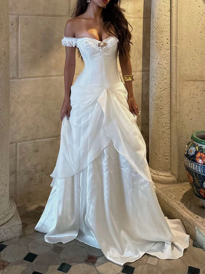 Pretty Off The Shoulder White Satin Chiffon Pleated Long Wedding Dress D966